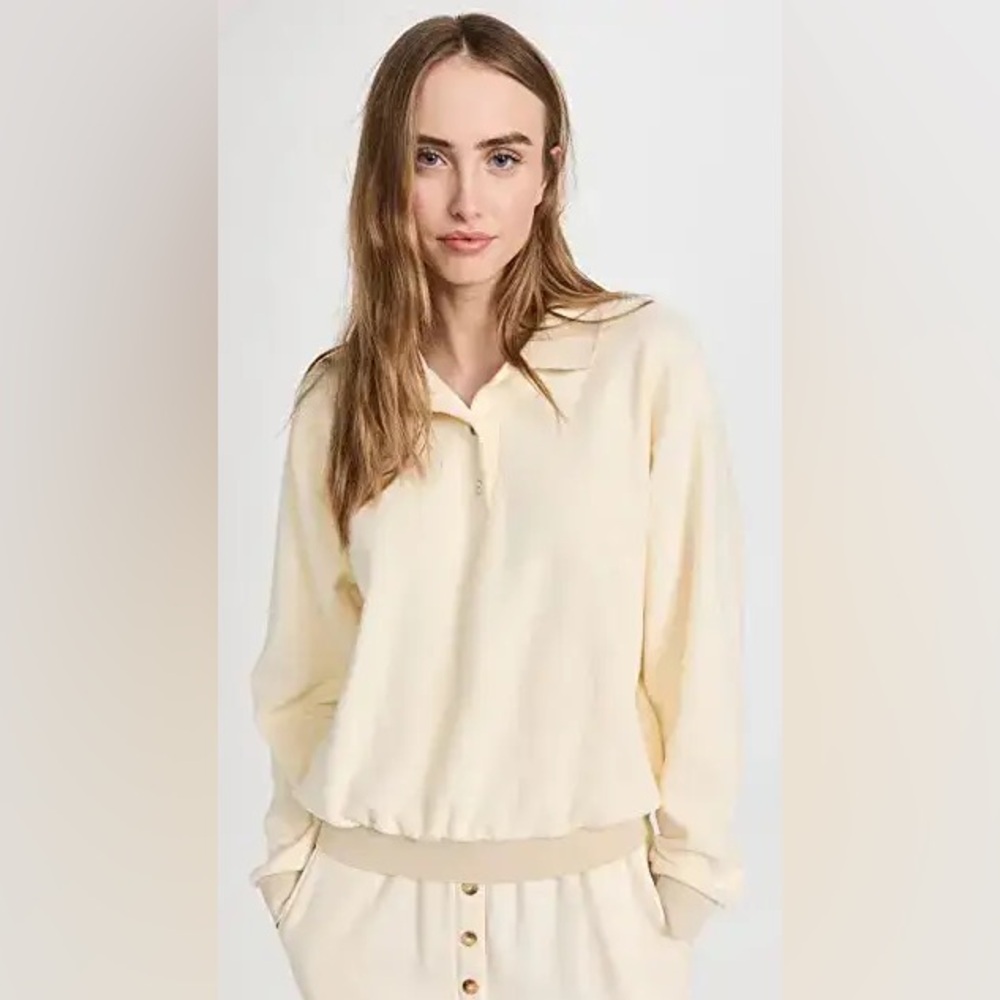 DONNI. Brushed Terry Polo Sweatshirt in Creme, size M